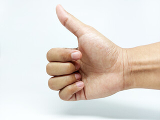 Close up hand male showing thumb up, ok, all right, victory hand sign gesture. Gestures and signs. Body language on white background
