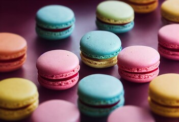 Obraz na płótnie Canvas Sweet and colourful french macaroons or macaron on color background, Dessert. AI Generated. Generative AI
