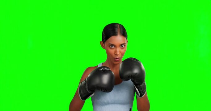 Green screen, face and boxing woman punching in fitness, exercise or training for competition, challenge and fight. Portrait, boxer and sports athlete in hitting workout on isolated mockup background