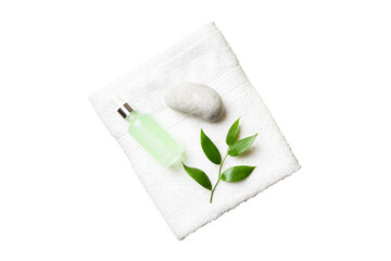 Coconut with jars of coconut oil and cosmetic cream isolated on white background. Top view. Free space for your text. Natural spa coconut cosmetics and organic treatment concept