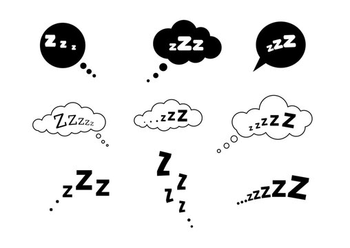 Zzz sleep snore text in speech bubbles vector icon set. Night sleepy noise sound collection illustration. Black signs isolated on white background.