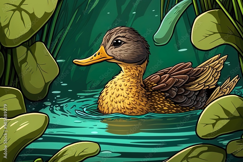 Aufkleber a duck swims in the foreground of the frame while the camera zooms out. generative ai