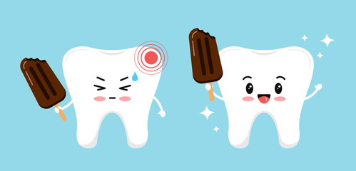 Sensitive tooth and healthy tooth before after treatment icon set. Teeth with pain and cold discomfort. Flat cartoon sad and happy character vector illustration. Dental health care image. - obrazy, fototapety, plakaty