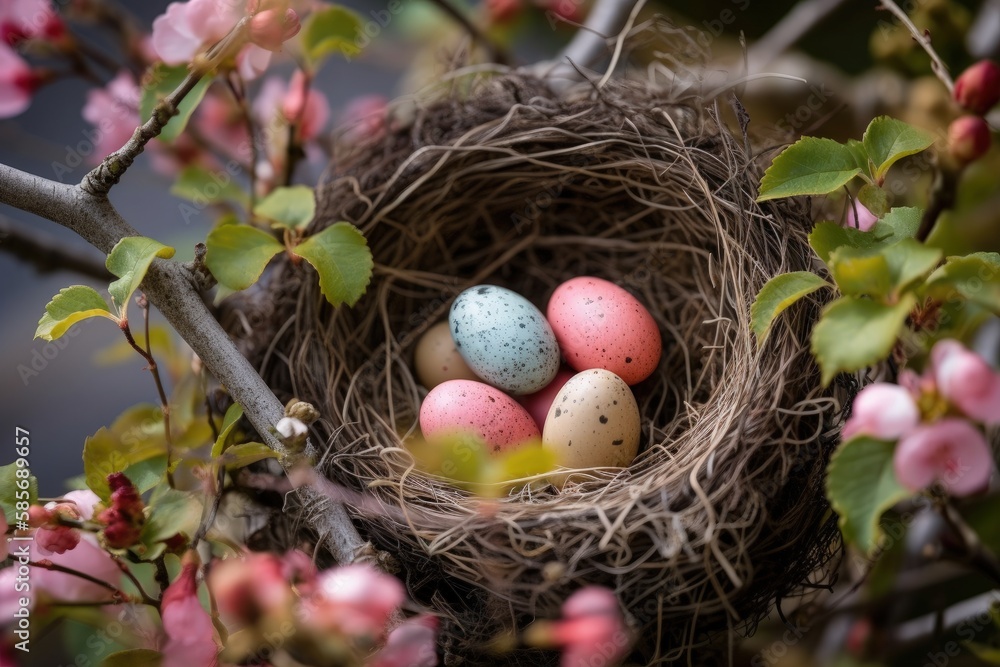 Aufkleber bird's nest with three eggs. generative ai