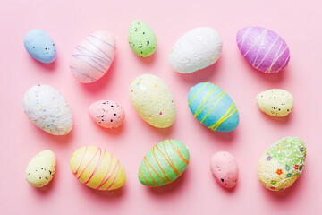 decorative easter eggs on colored background. easter eggs collection top view with copy space