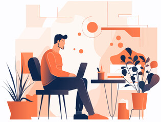 Flat vector illustration of Graphic designer working on computer desk