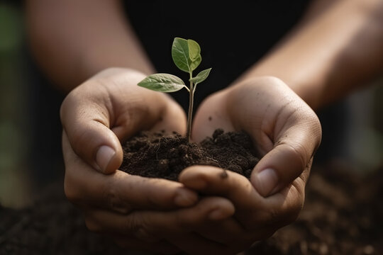 Happy World Nature Conservation Day concept. Hand holding young plant. Close Up Plant in Female Hands. Care of the Environment. Ecology concept. Created by AI