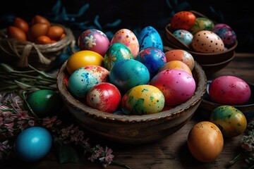 Fototapeta na wymiar festive bowl filled with vibrant painted eggs. Generative AI