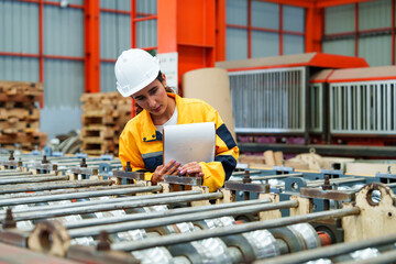Industrial staff monitoring metal sheet inventory beside wooden pallets in steel fabrication plant, representing efficiency and quality control in manufacturing.