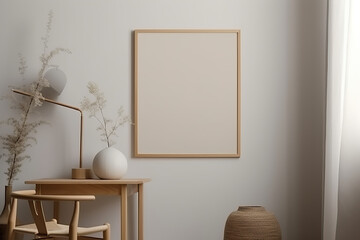 View of vertical wooden Frame with Poster Mockup standing on the white background, cozy, warm, generative AI