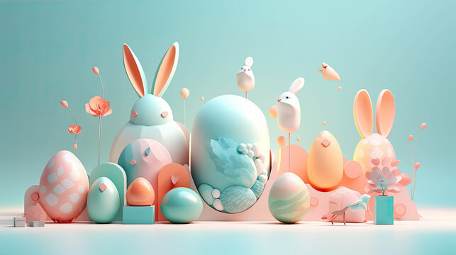 Modern futuristic Easter poster and banner template with Easter eggs on light background, Greetings for Easter Day. Generative AI content