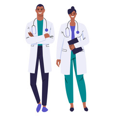 Fototapeta na wymiar A pair of dark-skinned doctors in white coats. The male doctor folded his hands. Female doctor holding a clipboard in her hand. Smiling medical workers with stethoscope. Flat vector isolated on white.