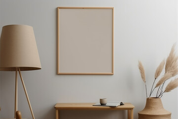 View of vertical wooden Frame with Poster Mockup standing on the white background, cozy, warm, generative AI
