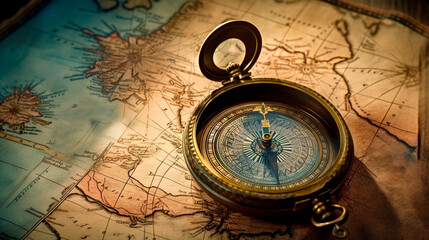 Old Antique Compass on a Paper Map Blue Gold background wallpaper, Goals Objectives Purpose Why, True North, Organizational Alignment. Generative AI - obrazy, fototapety, plakaty