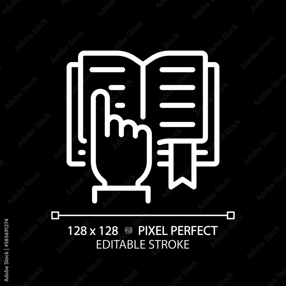 Poster stem in reading pixel perfect white linear icon for dark theme. curriculum including science. educat