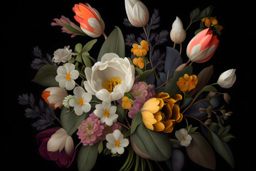 Floral illustration - bouquet of colorful vintage style flowers on a black background. Generative AI