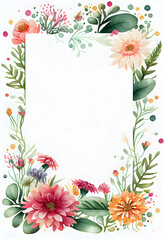 Watercolor floral postcard - beautiful spring or summer flowers with a space for text on a white background. Generative AI