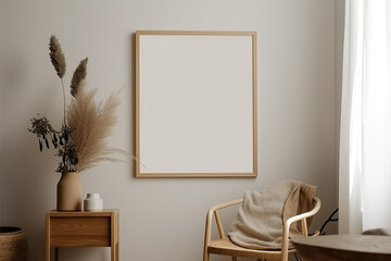 View of wooden Frame with Poster Mockup standing on the white background, cozy, warm, generative AI