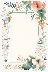 Watercolor floral illustration - beautiful delicate spring flowers with borders on a white background. Watercolor spring flowers postcard. Generative AI