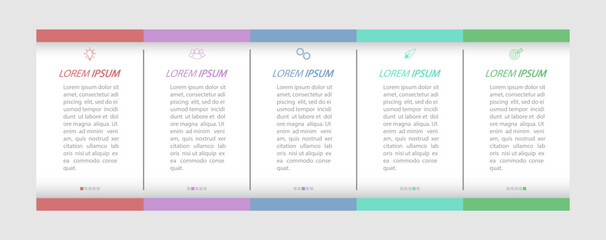 5 stages of development, improvement or training. Infographics with visual action icons for business, finance, project, plan or marketing