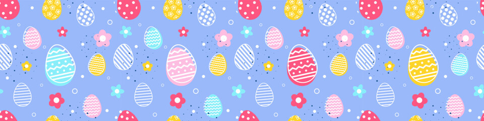Easter egg with flowers on blue background. Design of a seamless pattern. Banner. Vector illustration