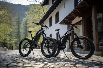 Two mountain bikes stand on the edge of a mountainous area. AI Generated