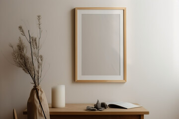 Fototapeta na wymiar View of wooden Frame with Poster Mockup standing on the white background, cozy, warm, generative AI