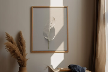 View of Wooden Frame with Poster Mockup standing on the white background, cozy, warm, generative AI
