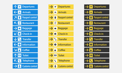 set of airport icons. Visual informative pointers for orientation in a large area