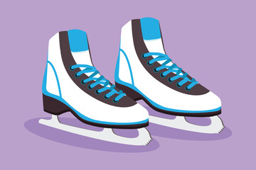 Character flat drawing pair of figure skates. White women ice skate shoes logo, label, icon, symbol. Freezing winter day. Ice skating outdoor activities with family. Cartoon design vector illustration