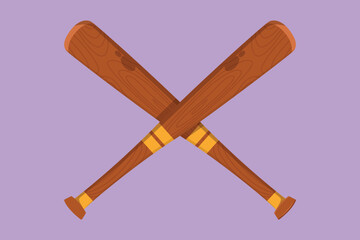 Cartoon flat style drawing of two crossed baseball bats, icon sports tool. Simple shape for design logo, emblem, symbol, sign, badge, label, stamp. Outdoor activity. Graphic design vector illustration