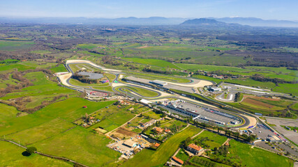 Aerial view of the Vallelunga autodrome, located between Rome and Viterbo, in Italy. The speedway is empty and there are no cars on the circuit.