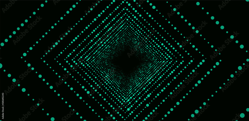 Poster abstract dynamic green wireframe tunnel on dark background. deep wave wormhole. futuristic particle 