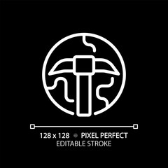 STEM in geology pixel perfect white linear icon for dark theme. Mineral deposits searching. Ore extraction technology. Thin line illustration. Isolated symbol for night mode. Editable stroke