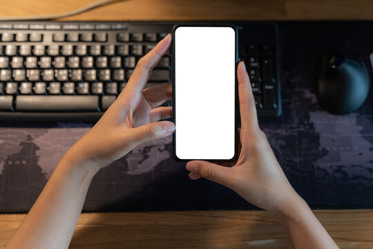 Close Up Over Shoulder View Of Young Businessman Using Mobile Phone In Office Room, Horizontal Smart Phone With Blank Screen