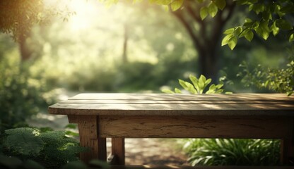 Fototapeta premium Empty wooden table in natural green garden outdoor. Product placement with sunday light, Generate Ai