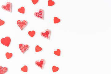 Cute red hearts on white background with copyspace. Top view