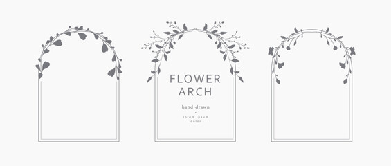 Arched frames with flowers and leaves. Collection of vector templates with floral silhouette. Botanical illustration for label, wedding invitation, save the date, design, logo, monogram