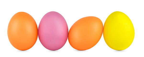 Four colorful Easter eggs. Orange pink yellow isolated eggs. Festive background