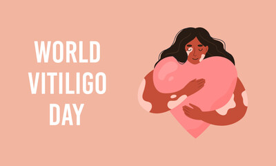 World Vitiligo Day banner. Woman with vitiligo embraces a heart with love. Concept to support people living with vitiligo. Vector flat illustration.