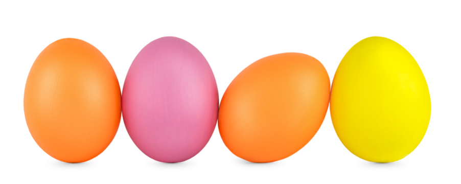 Four colorful Easter eggs. Orange pink yellow isolated eggs. Festive background