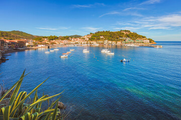 Fototapeta na wymiar View of Porto Azzurro bay in the morning. Elba island. Tuscany, Italy.