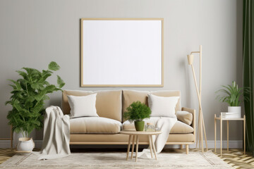 Serene Living Room Interior with Blank Poster Frame Mockup and Scandinavian-Inspired Decor