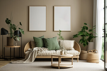 Serene Living Room Interior with Blank Poster Frame Mockup and Scandinavian-Inspired Decor