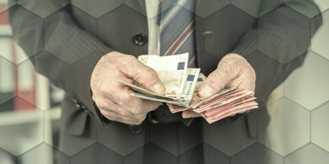 Businessman counting his money, geometric pattern