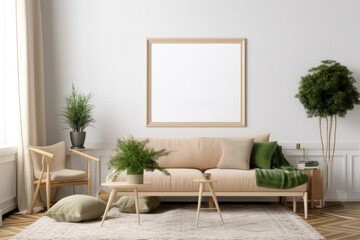 Serene Living Room Interior with Blank Poster Frame Mockup and Scandinavian-Inspired Decor