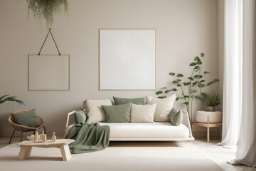 Serene Living Room Interior with Blank Poster Frame Mockup and Scandinavian-Inspired Decor