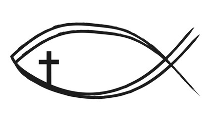 Black Chrsistian christianity eucharistic fisch symbol logo emblem with cross, isolated on white background