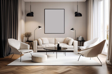 Fototapeta na wymiar Modern Living Room with Neutral Color Scheme and Picture Frame