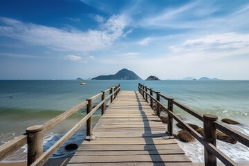 Obraz premium Wooden bride with mountains view, generative ai